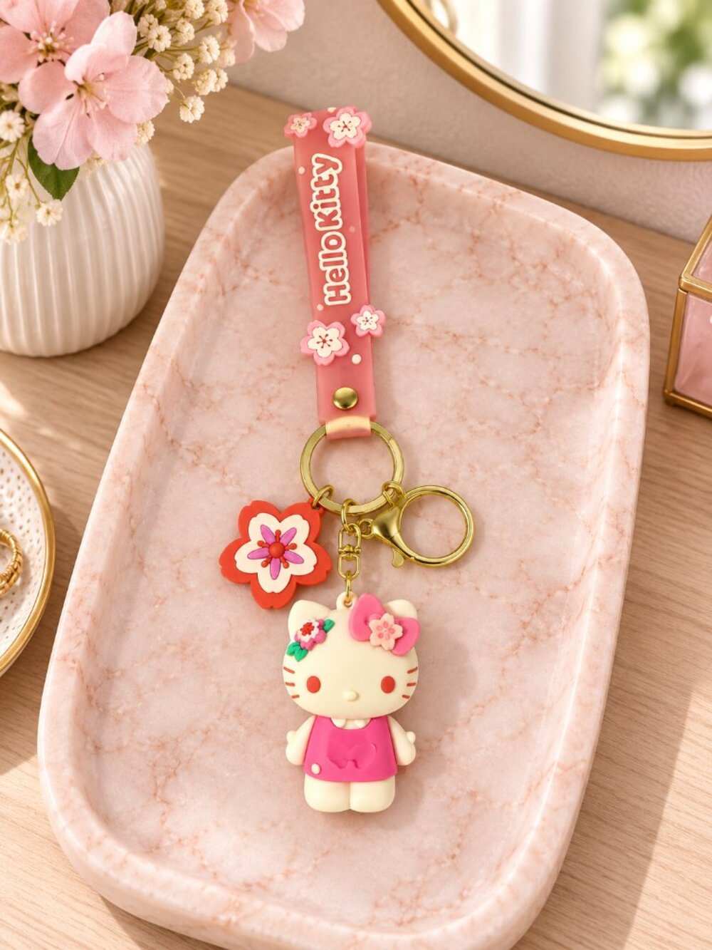 Hello Kitty Floral Figure Keychain Bag Charm Pink Wrist Strap Gold Tone NWT